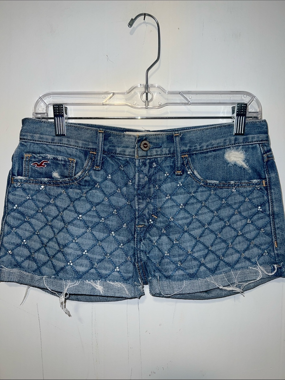 Hollister Quilted Rhinestone Embellished Denim Shorts Junior Size 7 0917263